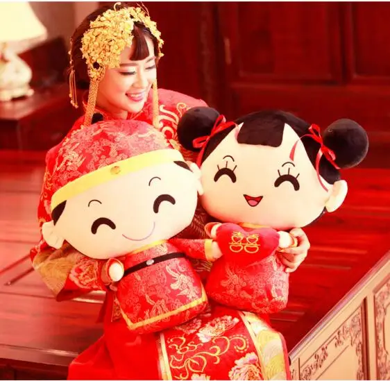 

Wedding Gift Lovers Pillow Doll Chinese Red Bride and Groom Gift Good Cotton 50CM Free Shipping R-01