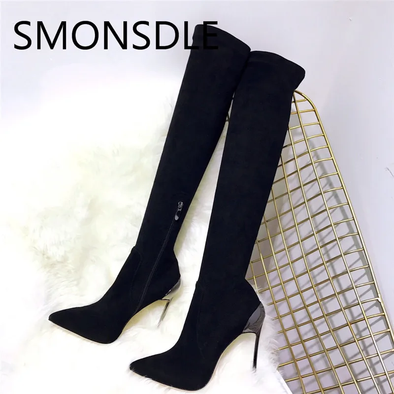 

SMONSDLE Black Kid Suede Women Knee High Boots Sexy Pointed Toe Side Zip Thin High Heel Women Autumn Winter Boots Shoes Woman