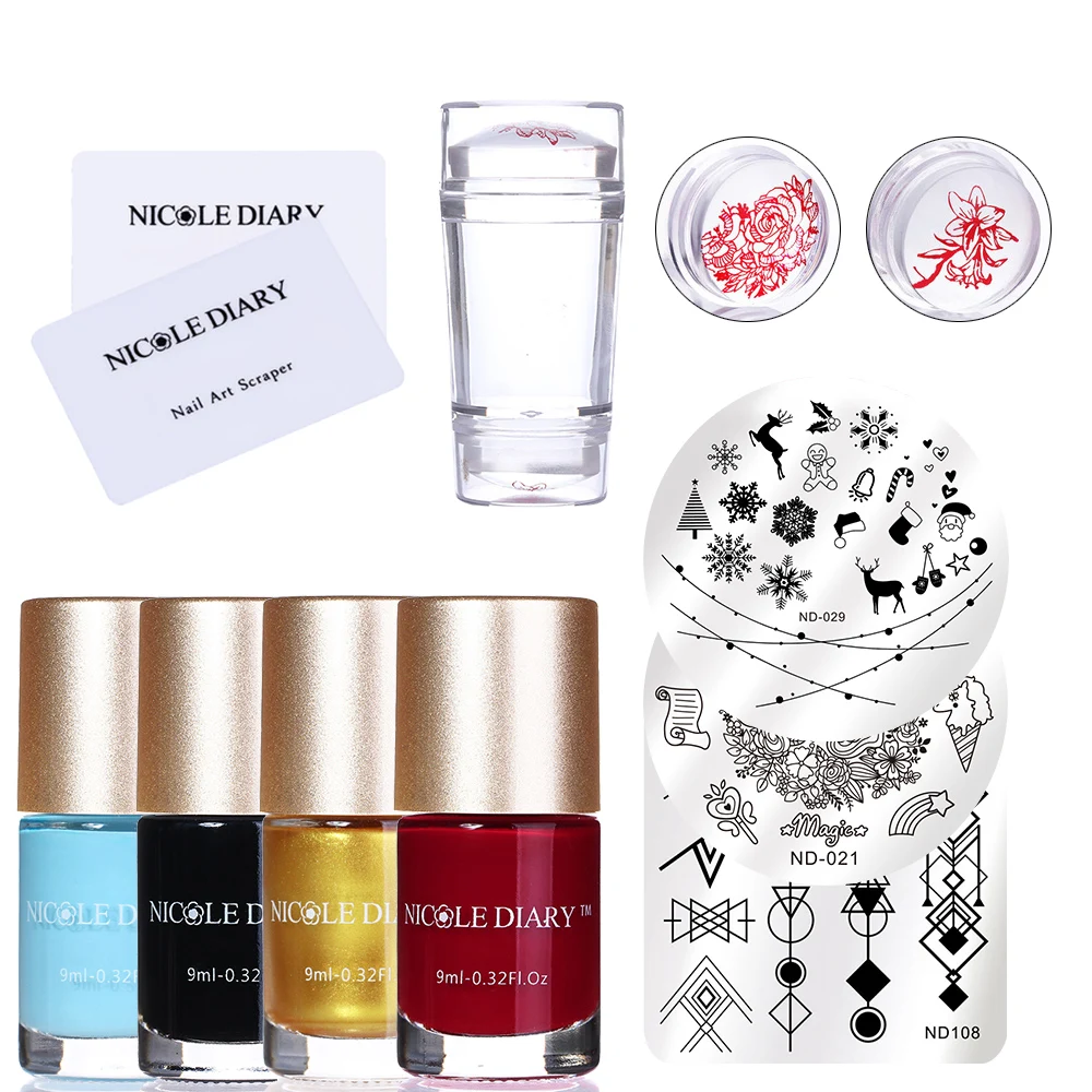 

NICOLE DIARY Stamping Template Polish Stamper Scrapers Set Geometric Xmas Stamp Printing Varnish Image Plates Kit
