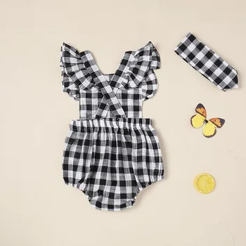 

Baby Girls Rompers Set Summer Black And White Plaid Print Backless Rompers Jumpsuit With Headband