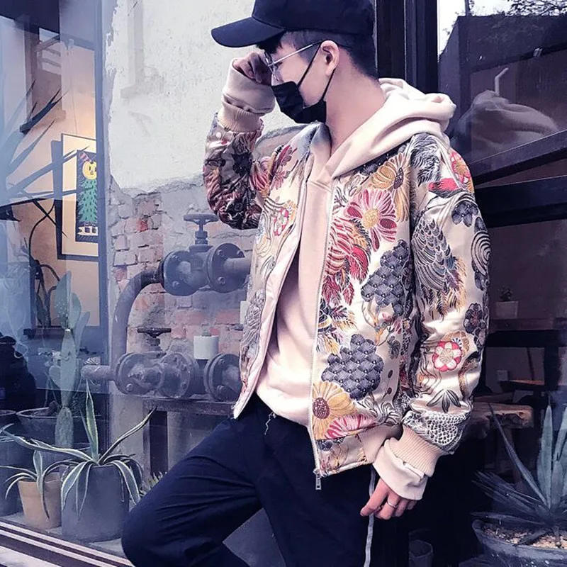 2019 Men Streetwear College Baseball Jackets Autumn Coat Japan Style Mens Floral & Crane Embroidery Bomber Jacket Stand Collar
