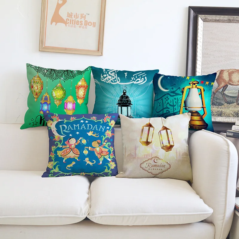 45x45cm Muslim Ramadan Decoration For Home Cotton Seat Sofa Cushion Cover Classic Lantern Throw Pillow Cover Eid Mubarak Decor