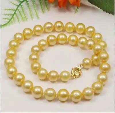 

Free Shipping >> pretty 9-10MM AAA+++ south sea Yellow Pearl Necklace 18" 14KT clasp