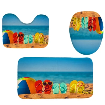 

4Pcs Home Bathroom Decor Set Bathroom Beach Slippers Pattern Toilet Seat Cover Bath Mat Set+Waterproof Shower Curtain