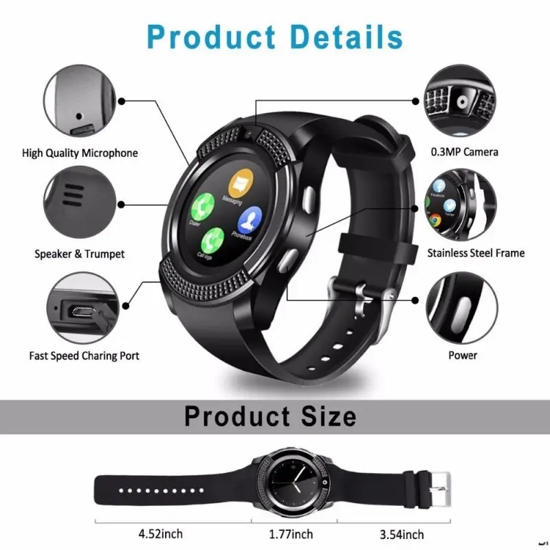 V8 Smart Watch Men Bluetooth Sport Watches Women Ladies Rel gio Smartwatch with Camera Sim Card Slot Android Phone PK DZ09 Y1 A1