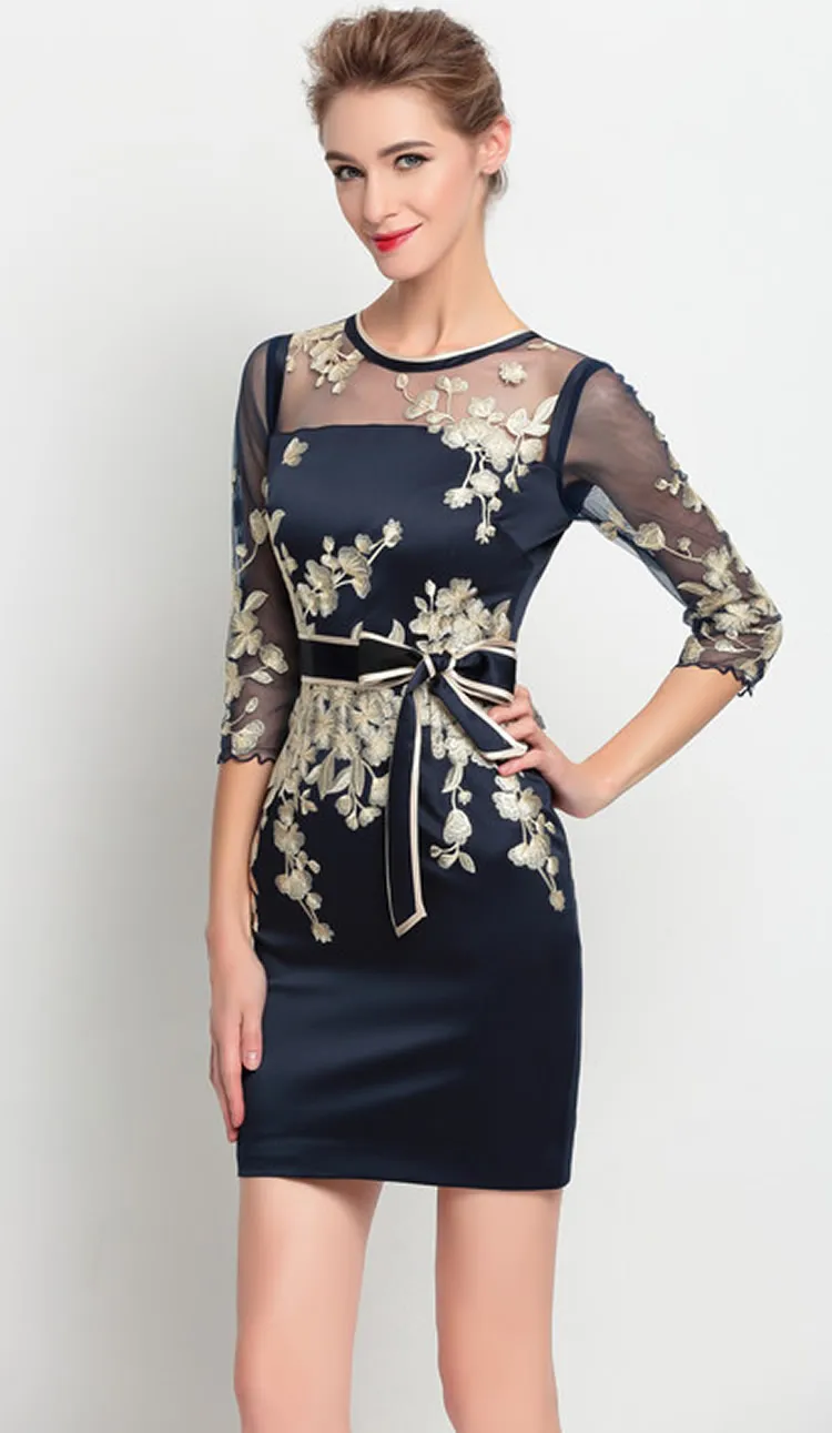 Embroidery Women Sheath Dress With Sashes Sexy Sheer 34 Sleeve Mini