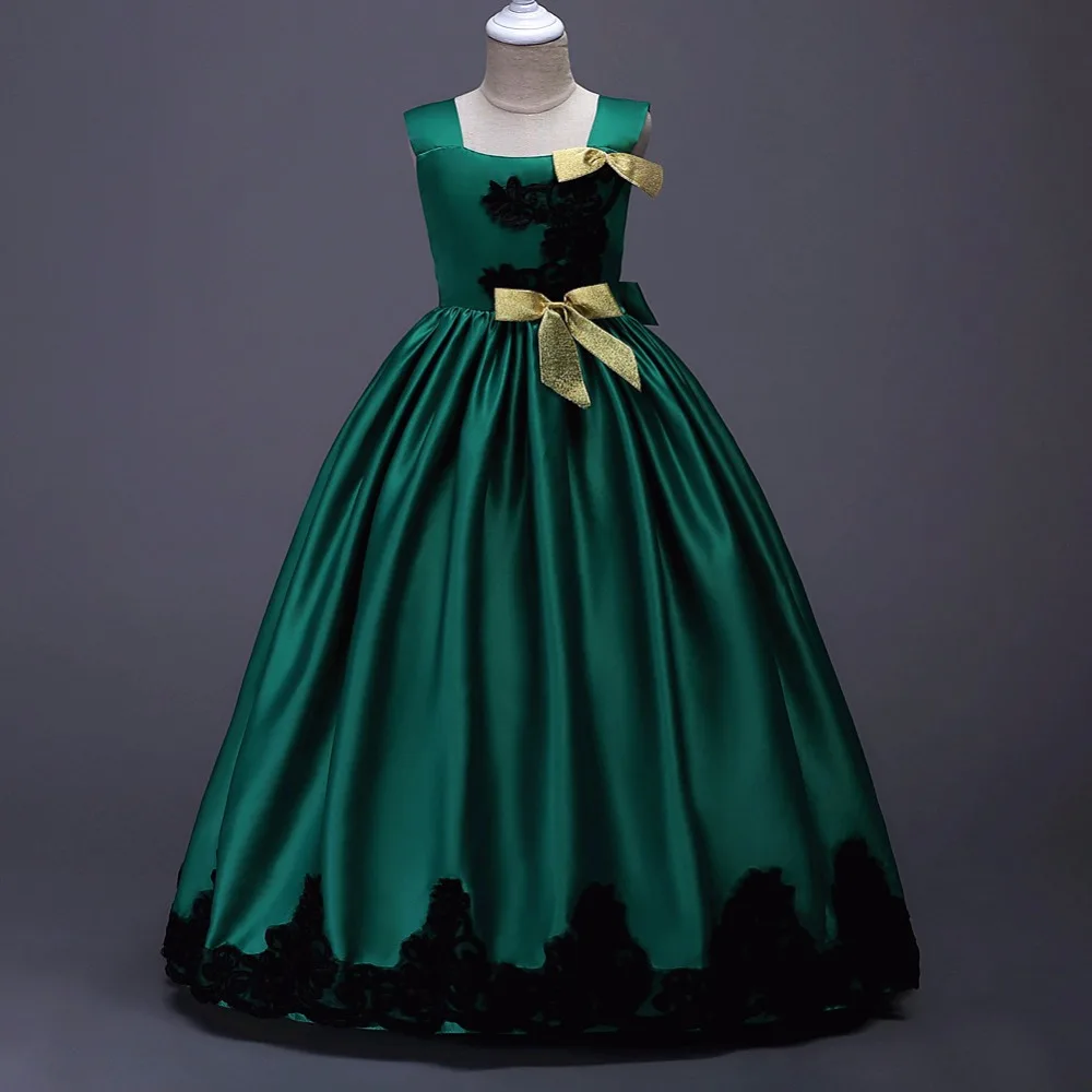 

Shiny 2019 Yellow Flower Girls Dresses With Bow Black Lace Satin A Line Sleeveless Cheap Wedding Party Dress For Little Girls