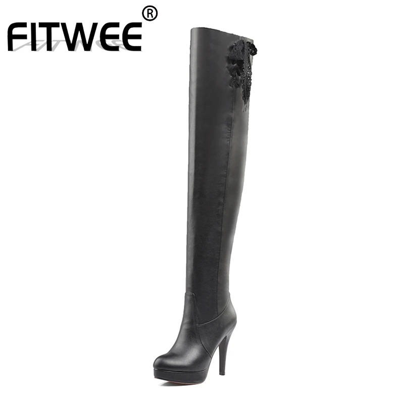 

FITWEE Plus Size 33-46 New Autumn Winter Platform Round Toe 11Cm Thin High Heel Over The Knee Boots Thigh High Boots Women