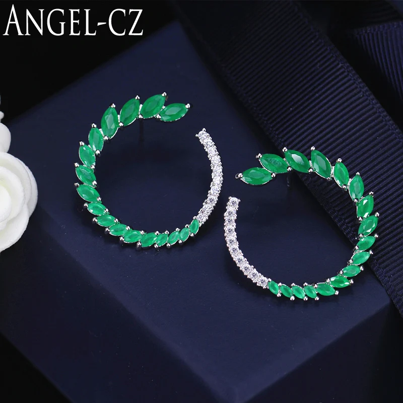 

ANGELCZ Famous Brand Jewelry High Quality 925 Sterling Silver Big Round Stud Earrings Inlaid 17 Pcs Green Austrian Crystal AE058