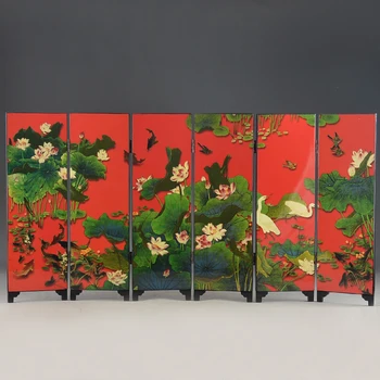

christmas Beautiful Chinese Lacquer Handwork Old Crane Lotus Painting Screen Decor steel-Glass halloween