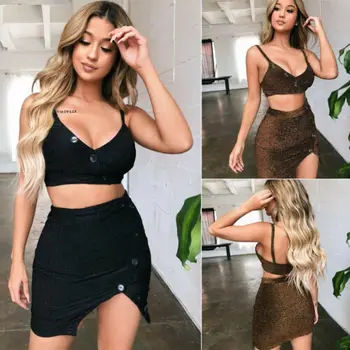 

Women Button Crop Top Short Bodycon Evening Party Two Piece Dress