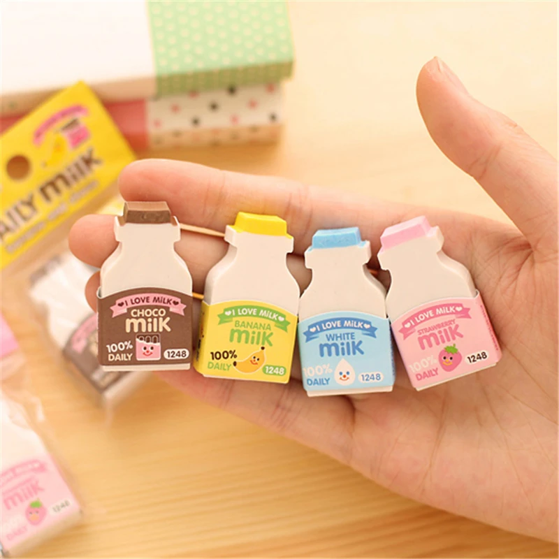 

2pcs/lot Cute Kawaii Cartoon Rubber Eraser Creative Milk Bottle Pencil Erasers For Kids Gift School Supplies Student 2231
