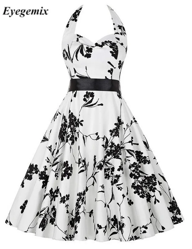 

2019 Sexy Retro White Floral Audrey Hepburn Vintage Halter Dress 50s 60s Gothic Pin Up Rockabilly Bodycon Dress Plus Size Robe