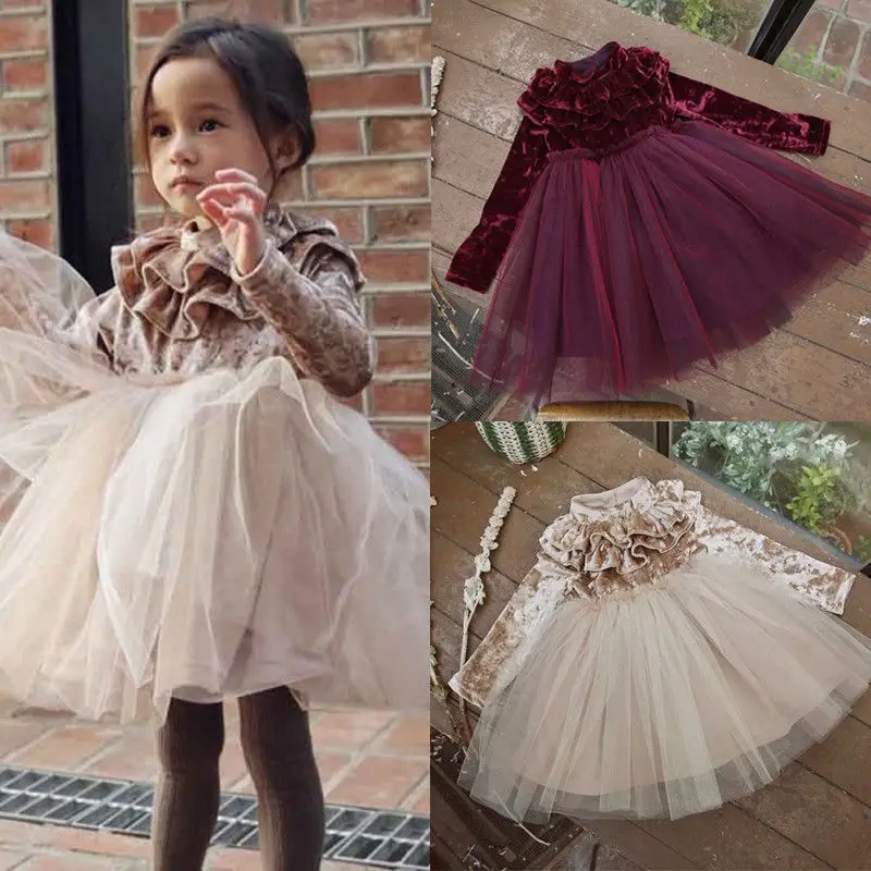 

HOT Princess Kids Baby Girls Solid Long Sleeve Dress Velvet Fleece Gown Party Dress Lace Tulle Tutu Dress