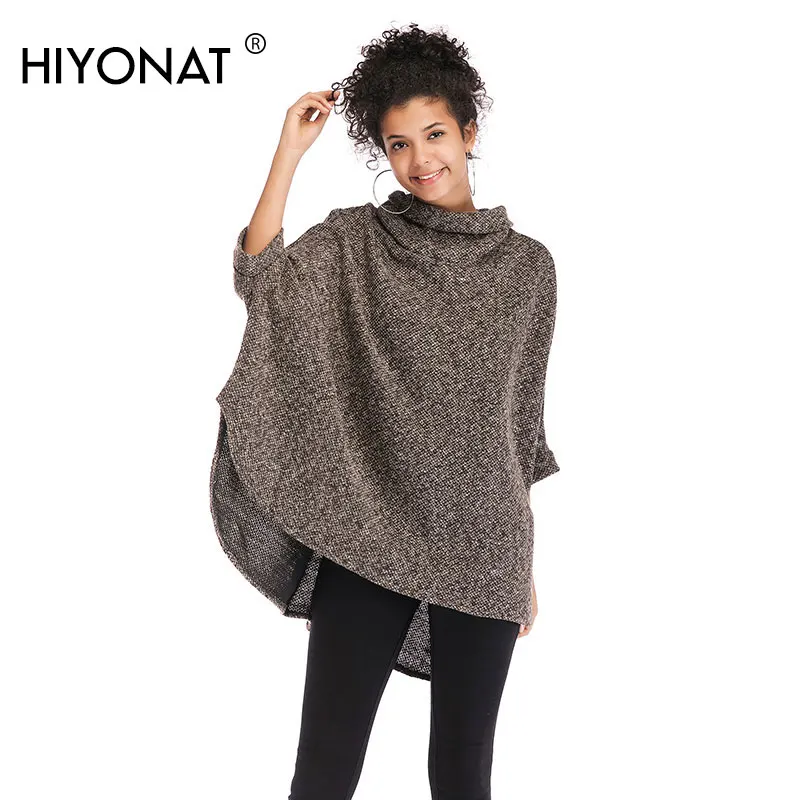 Hiyonat Long Cloak Sweaters Women Fall Turtleneck Ladies Sweater Textured Knit Warm Cape Pullover Ethnic Batwing Sleeve Tops