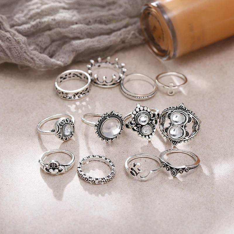 

Boho Silver Crystal Rings Set Charms Zircon Crown Feather Cross Circle Engagement Knuckl Ring Jewelry For Women Girls 12Pcs/Set