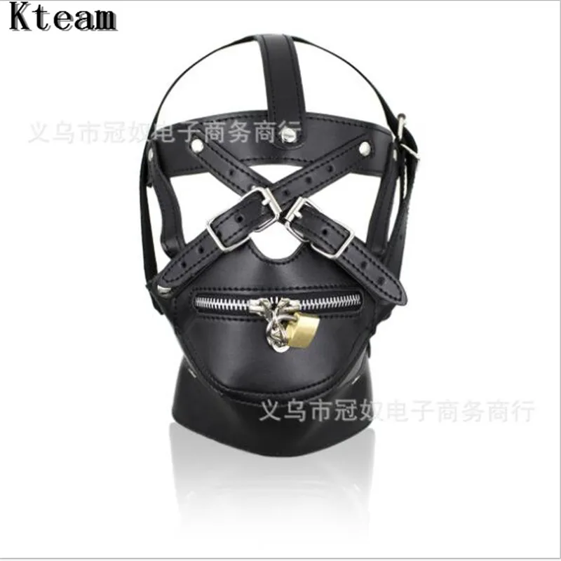 

Hot Adjustable Leather Fancy Dress Masks Full Covered Hood Mask Buckled Lockable Head Harness with Mouth Ball Gag for Costume