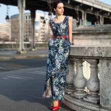 2016 S- XXXL Casual Fashion Women Jean Long Dress Sleeveless O-neck Single Breasted Tshirt Dresses Sexy Summer Printting Dress
