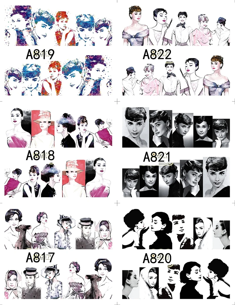 12 листов водные переводные наклейки для ногтей в стиле Одри Хепберн|stickers