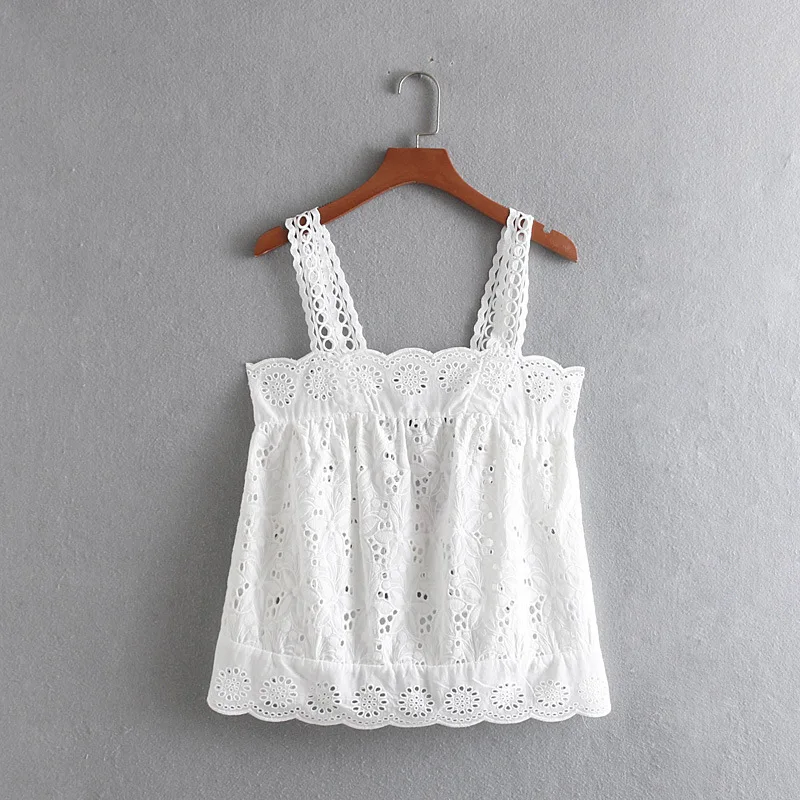 

CS916 Euro Design Embroidery Hollow Out Strap Weave White Blouse Summer Ladies Shirts