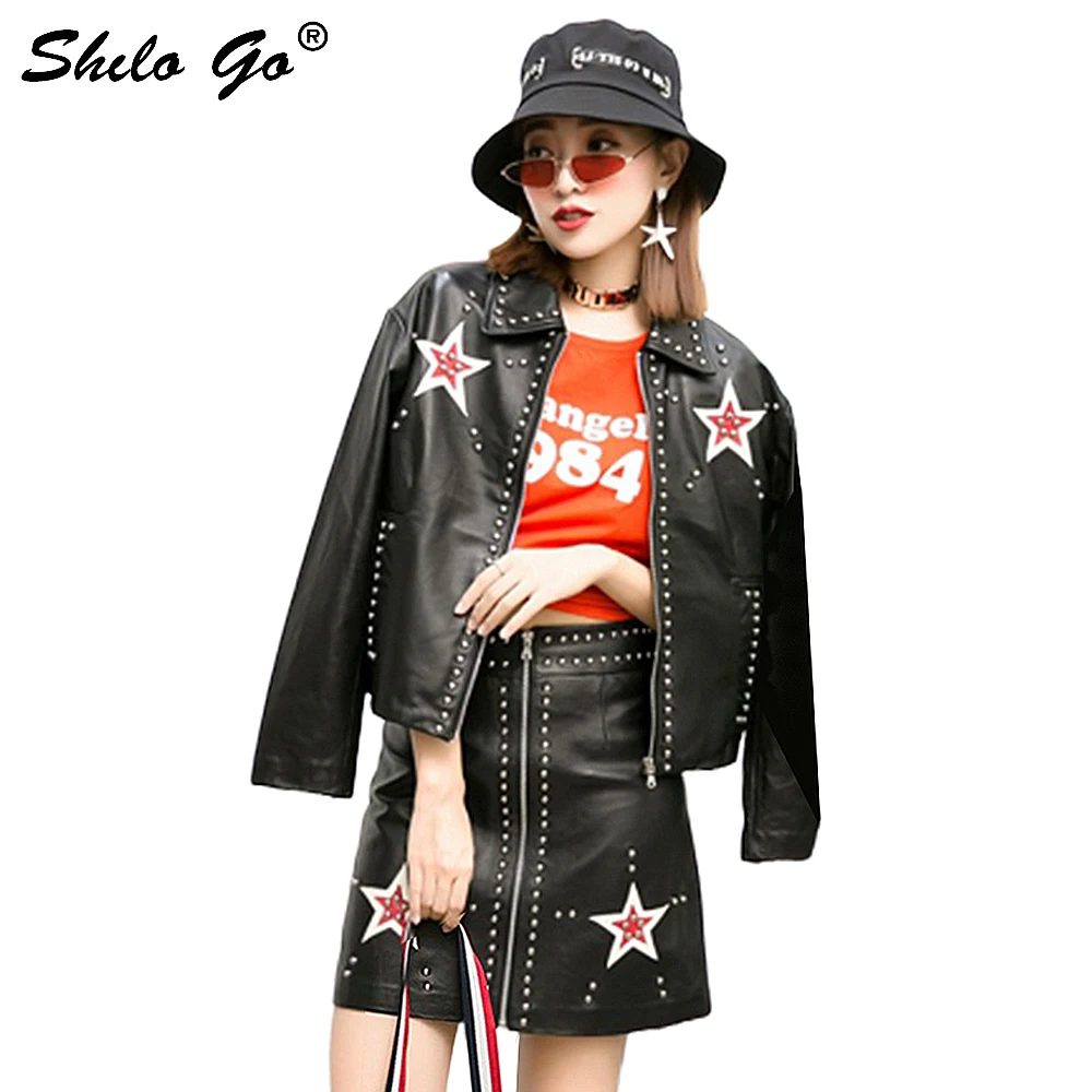 

Star Rivet Leather Jacket Women Spring Streetwear Splice Color Sheepskin Genuine Leather Coat Causal Moto Female Leather Jackets