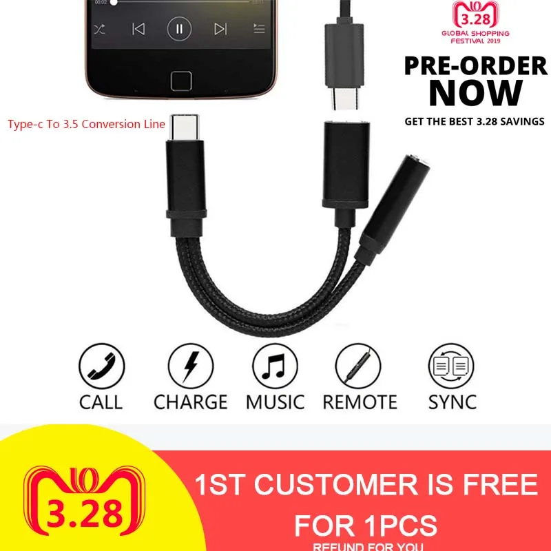 

Type-C To 3.5mm Charger Headphone Earphone Cable Adapter 2 In 1 USB Type C To 3.5 AUX Audio Jack Charger Connector Adapter