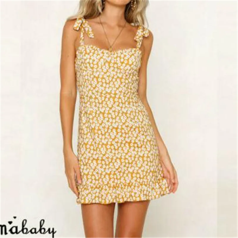 

Summer Women Dress Clothes 2019 Vintage Sexy Bohemian Floral Tunic Beach Dress Sundress Yellow Flower Sleeveless Dres Female