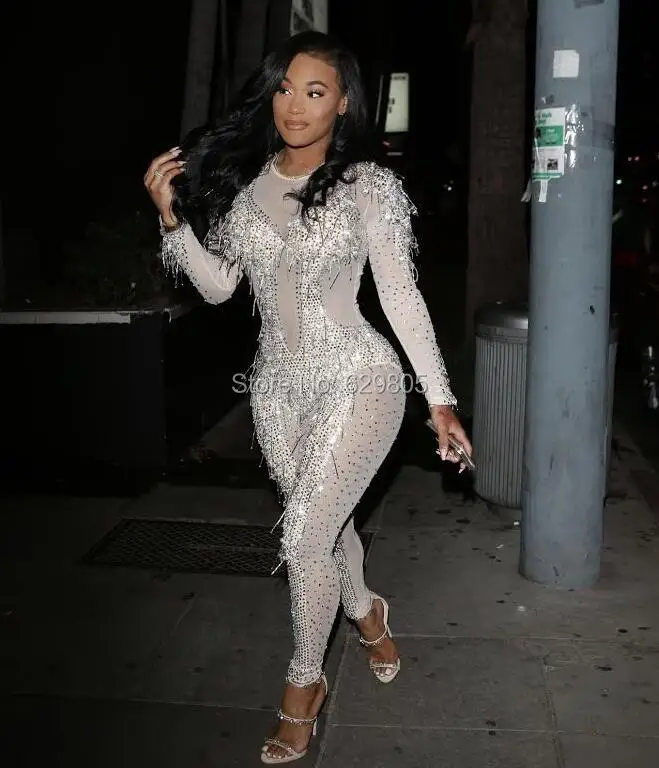 

Sexy Crystals Sparkly Jumpsuit Shining Diamond Outfit Women Female Singer Dance Wear Stage Rhinestone Costume Nightclub Dress