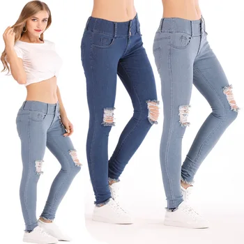 

Sexy denim trousers waist jeans female feet pants hole