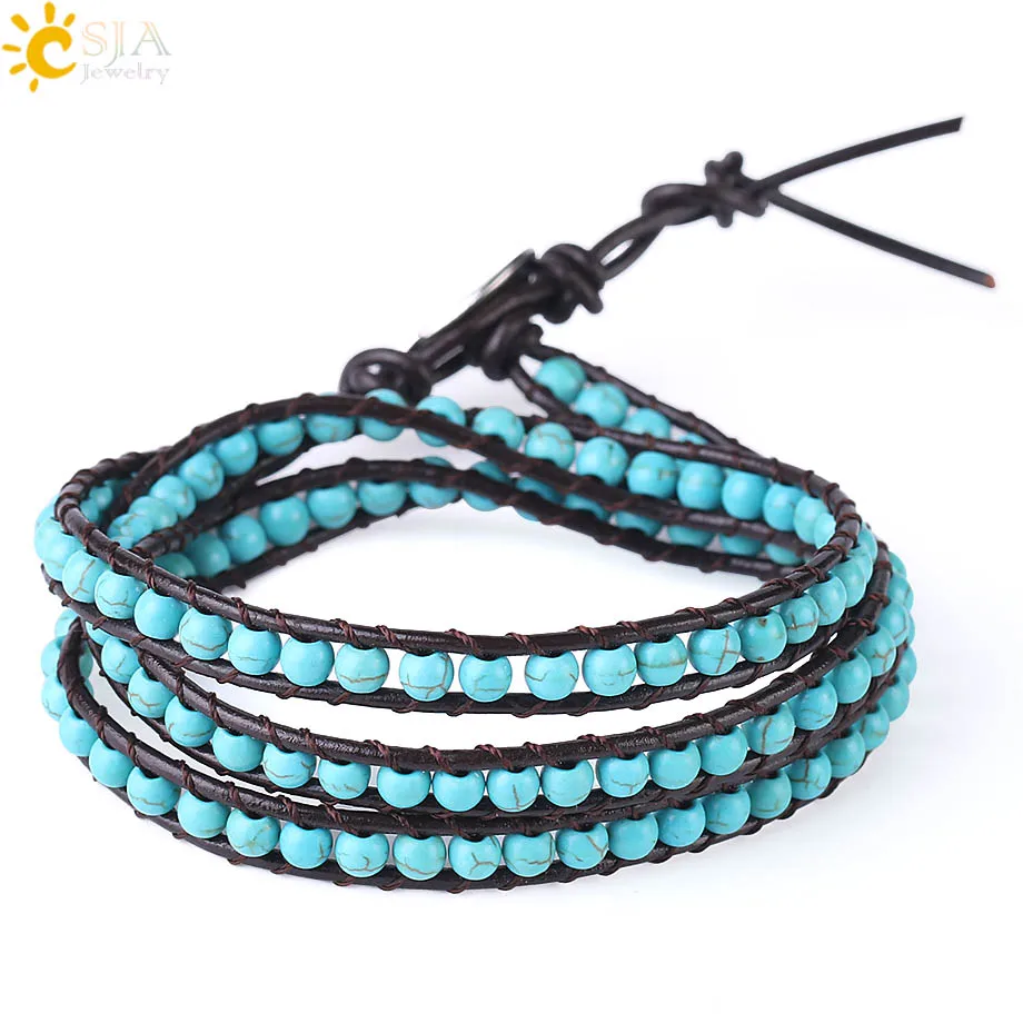 

CSJA Leather Bracelets Green Turquoises Multilayer Triple Beaded Wrap Bracelet for Men Women 6mm Wide Handmade Boho Jewelry S141