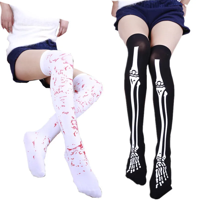 Сексуальные Полосатые чулки для косплея, женские гольфы выше колена, тонкие носки с принтом скелета, Harajuku ретро-носки