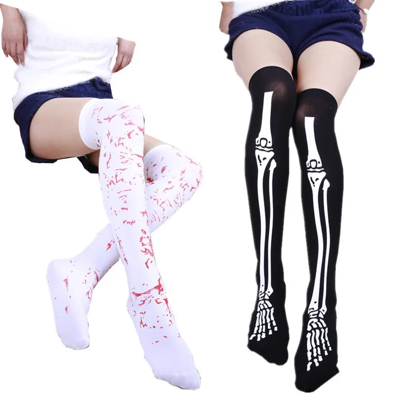 

Sexy Cosplay Striped Stockings Female Over Knee High Socks Skeleton Printed Thin Sox Harajuku Retro Socks