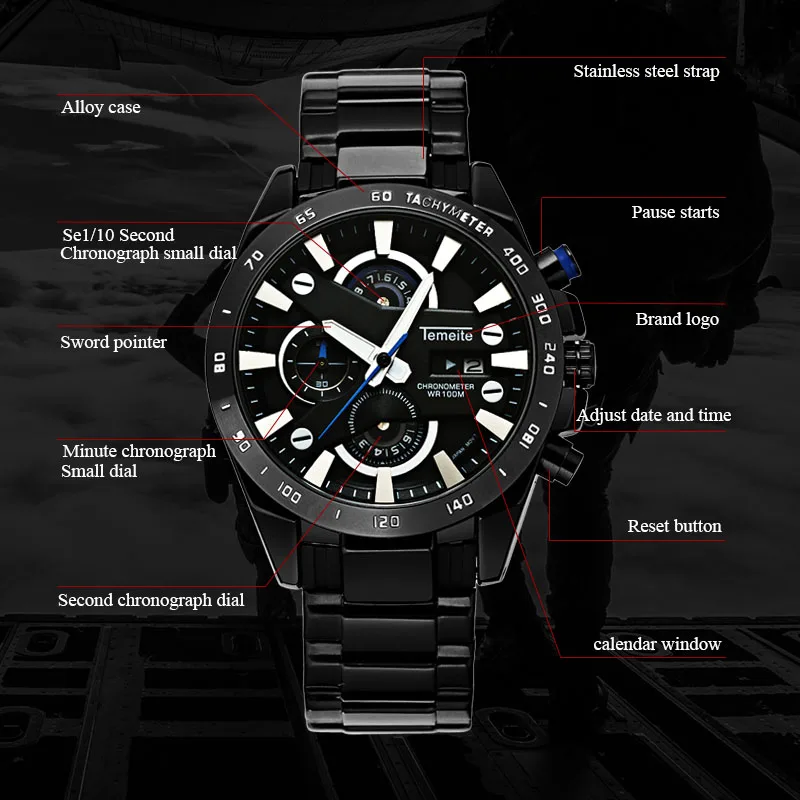 Temeite 2018 Men Business Watch Waterproof Luxury Fashion Quartz Watches Men's Chronograph Date Mil
