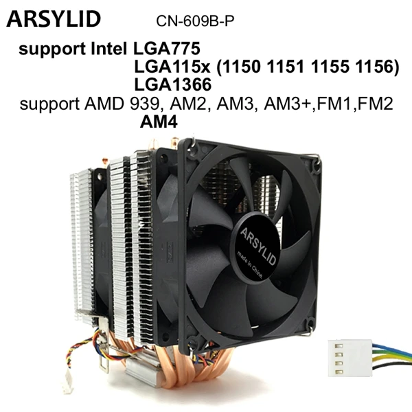 ARSYLID CN-609A-P, 3 шт., 9 см, 4-контактный вентилятор, 6 тепловых трубок, кулер для процессора Intel 4790k lga 1151, теплоотвод, охлаждение для AMD - Цвет лезвия: 2 fan A