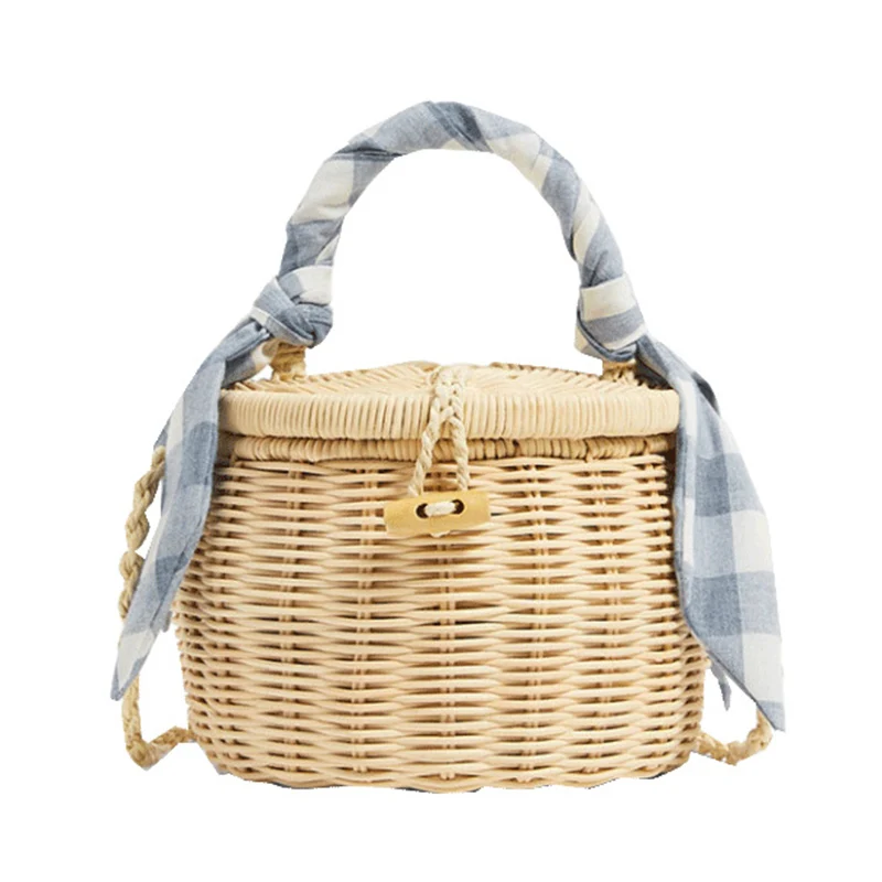 

New fashion rattan bag handbag lattice silk scarf portable straw bag cylinder small jar beach bag