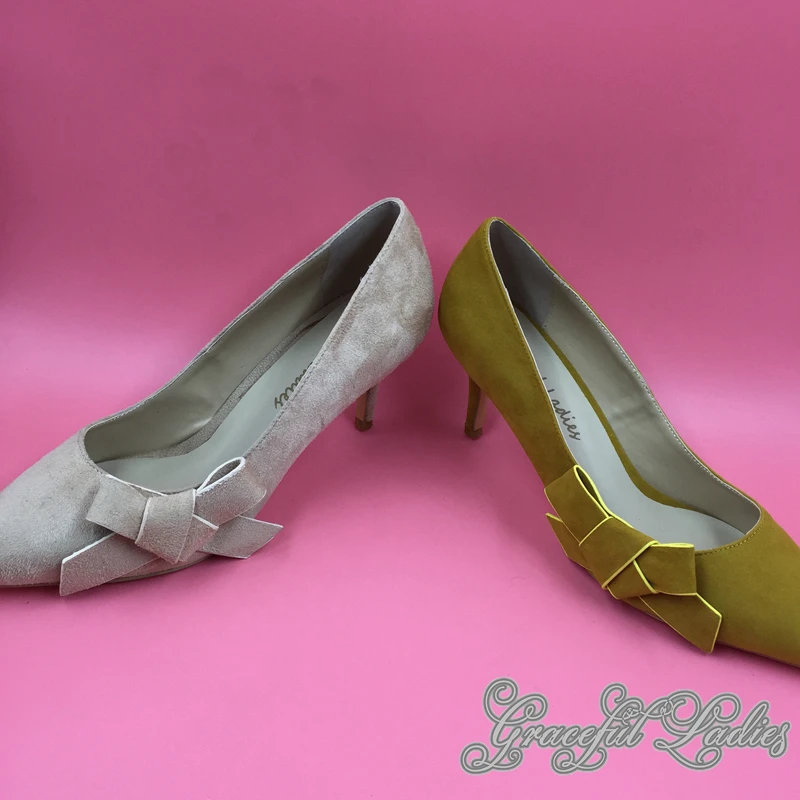Slip Réel Dames Pointu Picture Printemps sur Cuir Ol Pompe Suédé Bowknot Femmes Talon Jaune Photo Côté Chaussures Bas Bout Pompes Style p1xvgwWwqU