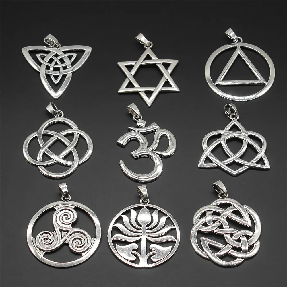 

1pc Pendant Star Of David OM Sign Chinese Knot Lotus Triquetra Symbol Antique Silver Tone Charms Pendant For Necklace Making