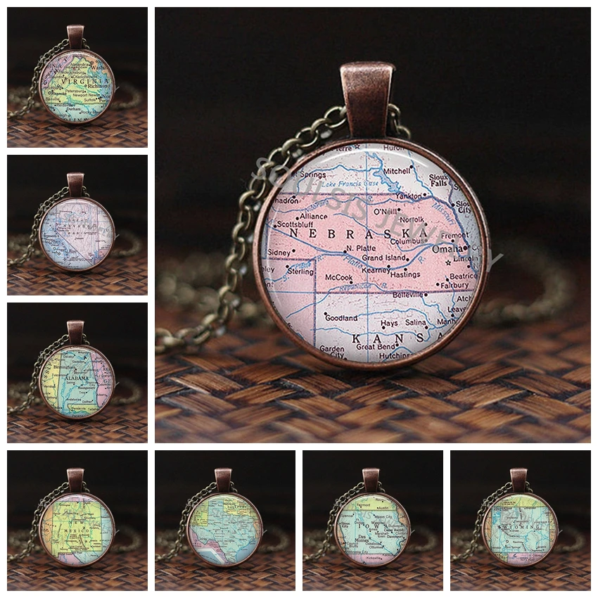 New Glass Dome Necklace Map Pendant Jewelry US State of Nebraska Vintage Handmade Cabochon Christmas Gift | Украшения и