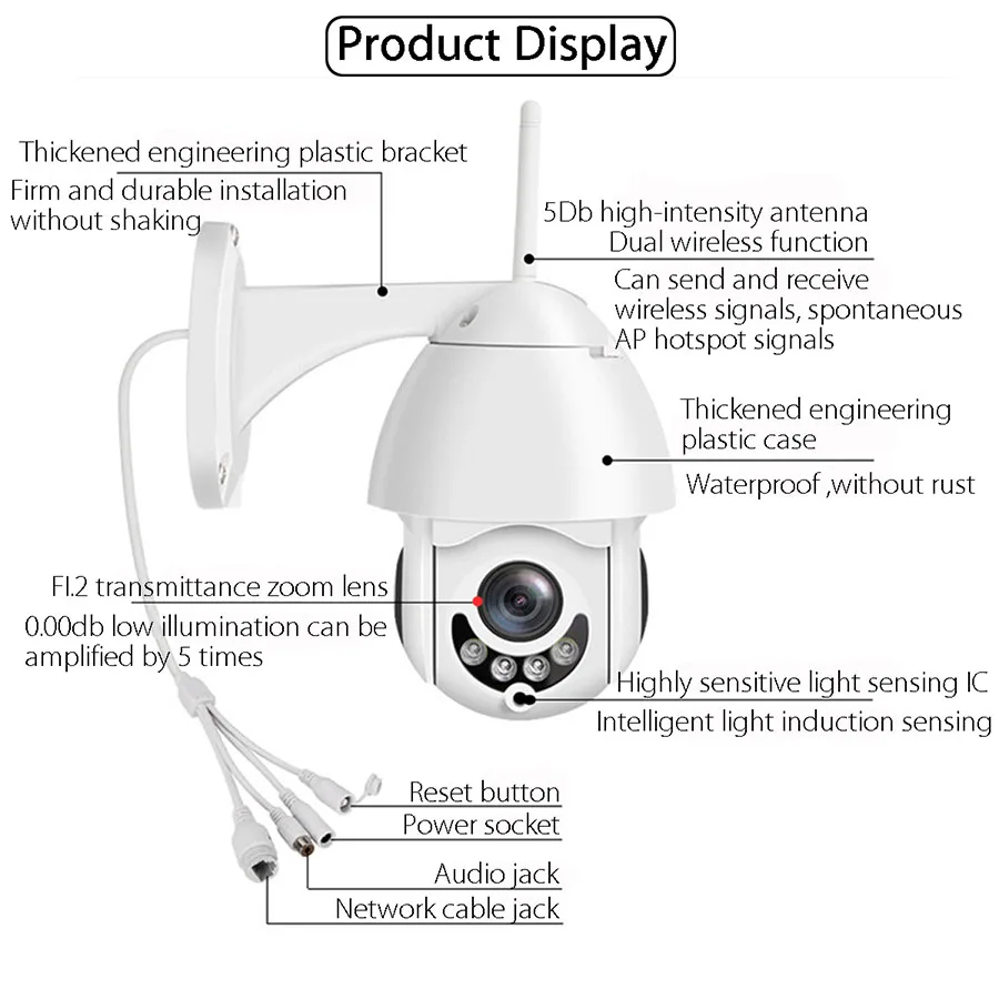 Sgooway Открытый водонепроницаемый WiFi PTZ Pan Tilt 1080P HD Безопасности IP IR камера ночного видения