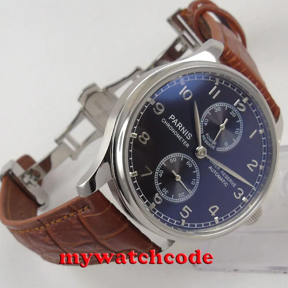 

43mm parnis black dial deployment clasp power reserve automatic mens watch P110B