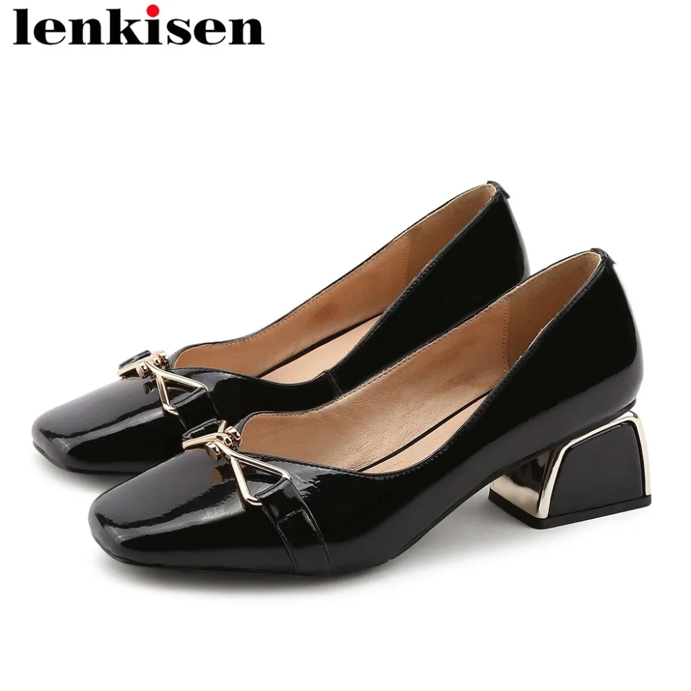 

2019 genuine leather chunky med heels vintage square toe slip on metal decoration dress office woman European style pumps L05