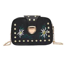 Vintage Women Mini Shoulder Bag PU Leather Flowers Embroidery Rivets Metal Chain Ladies Crossbody Messenger Bags LT88
