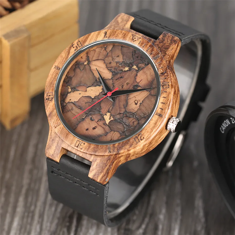 YISUYA Creative ZebraCork SlagBroken Leaves Face Nature Wood Watch Men Genuine Leather Strap Analog Women Bangle Wristwatch (31)