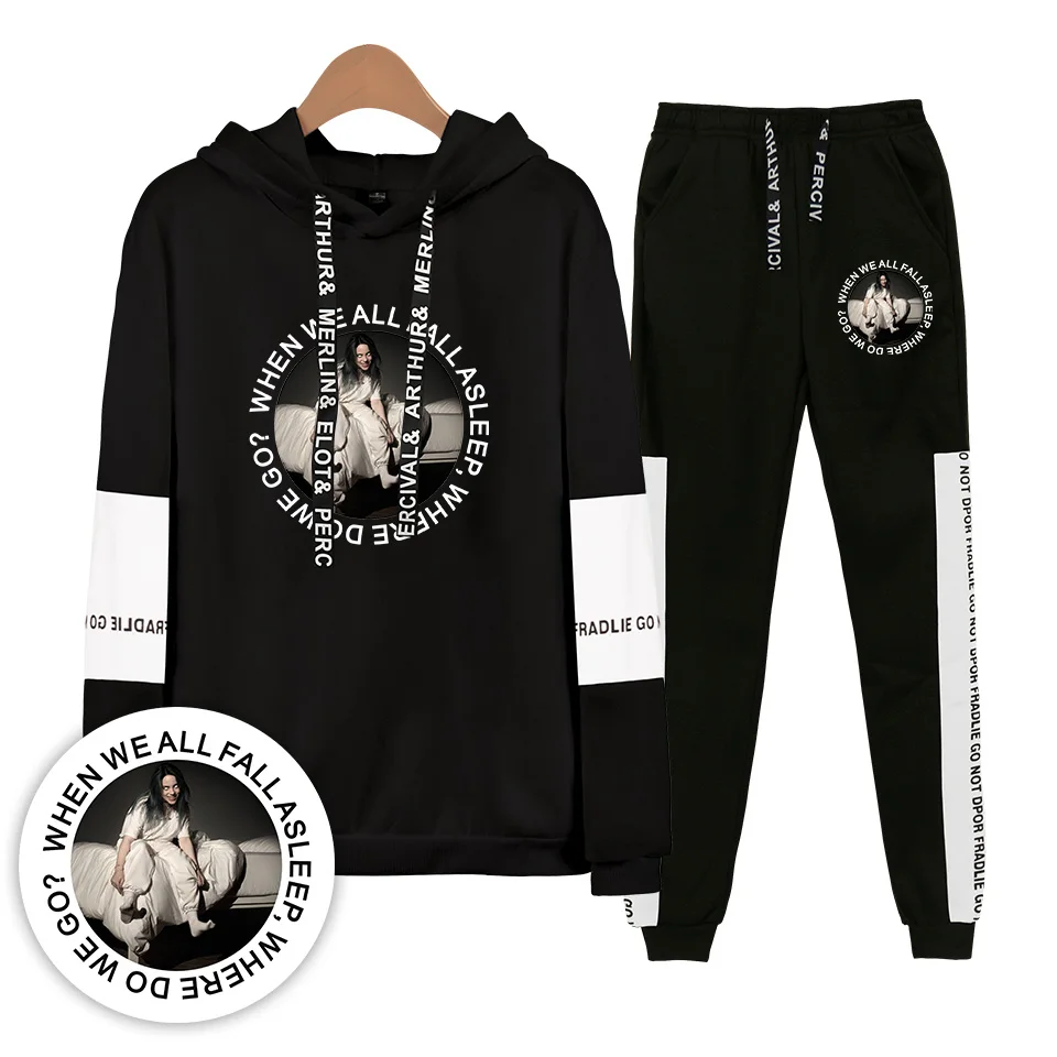 

2D Billie Eilish Print High Quality 2019 New Fashion Women's Two Pieces Set Hip Pop sweatshirts and sport pants Plus Size