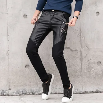 

Fashion Men Pants Faux Leather Spliced Cotton Trousers Male 2019 Autumn Winter Motorcycle Singer Night Club Rivet Skinny Pants