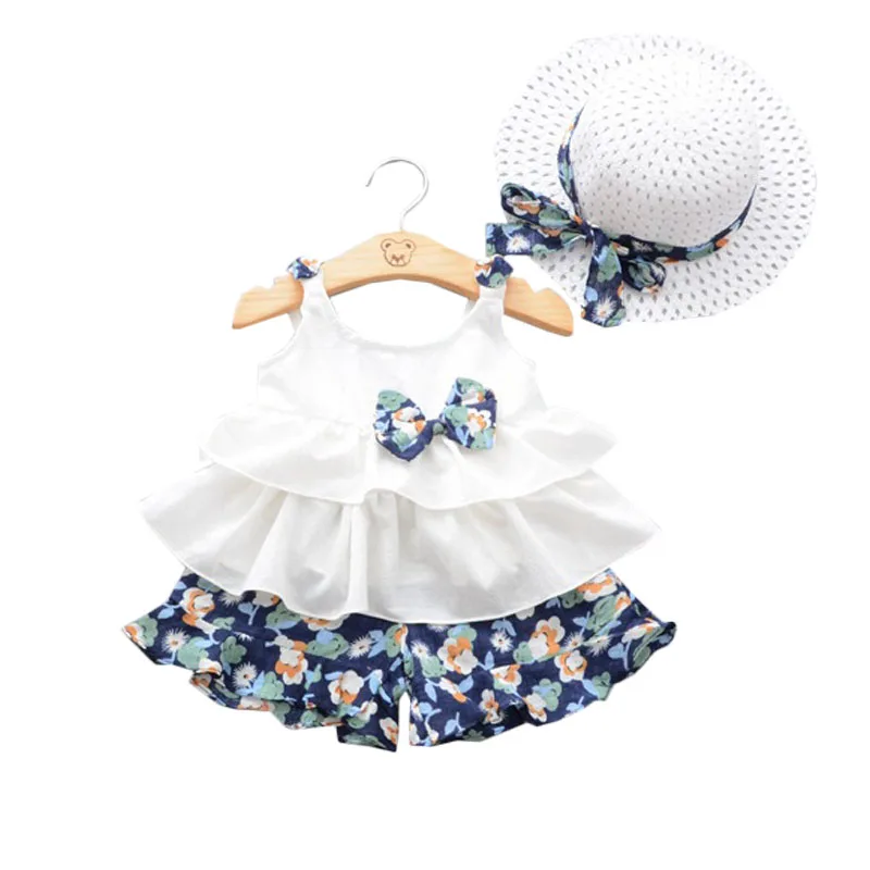 

2pcs Kids Girl Dress Set Ruffles Big Bow Decor Girls Clothes Flower Print Double Layer Dress+Cap Summer Outfits Sweet Girl Sets