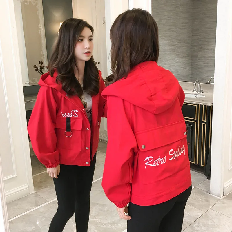 

Ailegogo New Women Korean Style Embroidery Hooded Denim Jacket Casual Letter Single Breasted Loose Coat Blue Red Pink Outwear