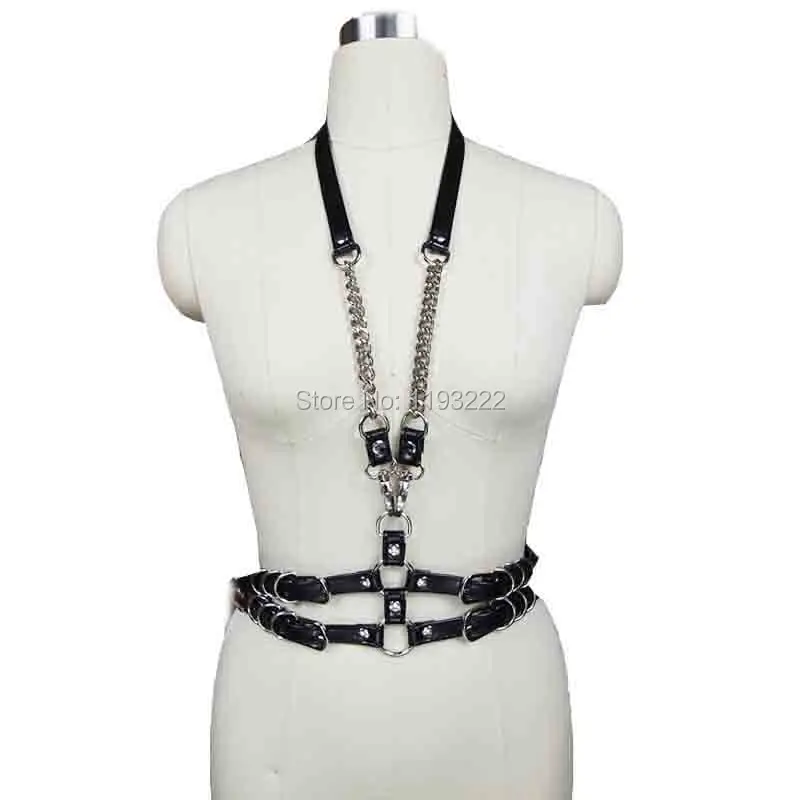 Fashion Sexy Punk Studio Cosplay Halter Choker Harness Chains Leather