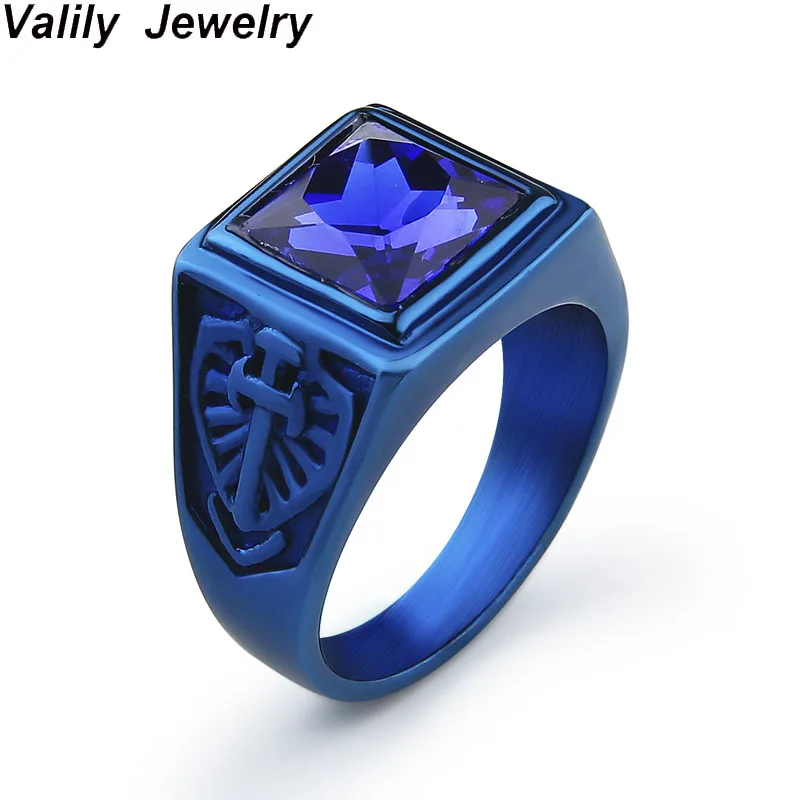 

Valily Men's Blue Square Ring Stainless Steel Vintage Sword Ring Red/Black/Blue/White Zircon Rings Jewelry for Men women gift