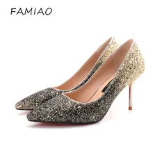 FAMIAO Woman Sexy Wedding Party Shoes Gold Silver red bottoms Women Pumps Bling High Heels Women Pumps Glitter High Heel Shoes